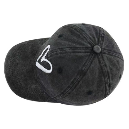 Grey Distressed Hat 🖤 White Heart Embroidery | Unisex Washed Cap